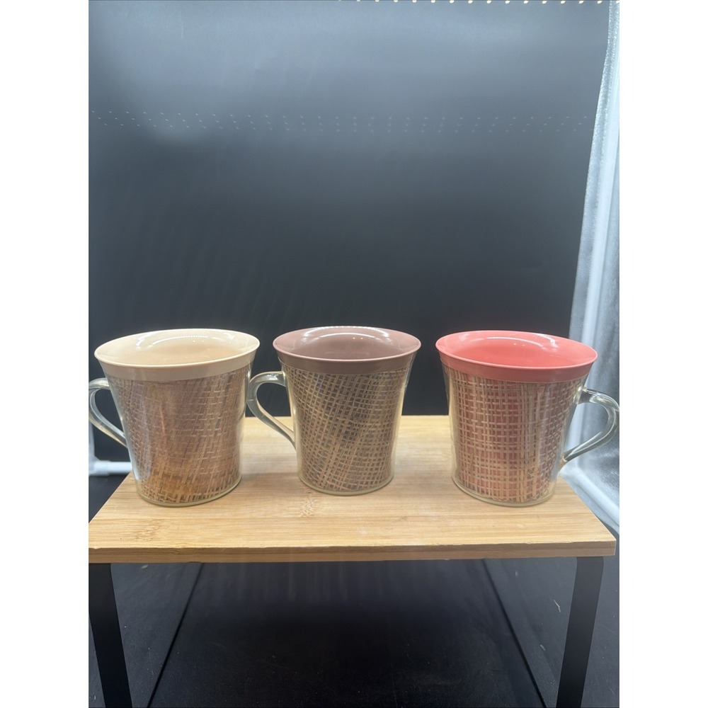 3 VINTAGE MCM Raffia Ware Mugs Mixed Colors Coffee Cups Burlap Thermo Temp